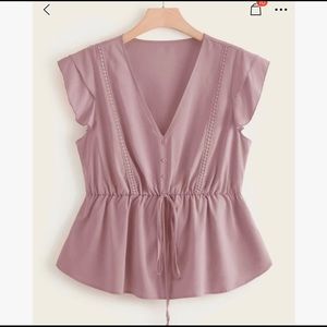 Pink V Neck Button Front Tie Shirt